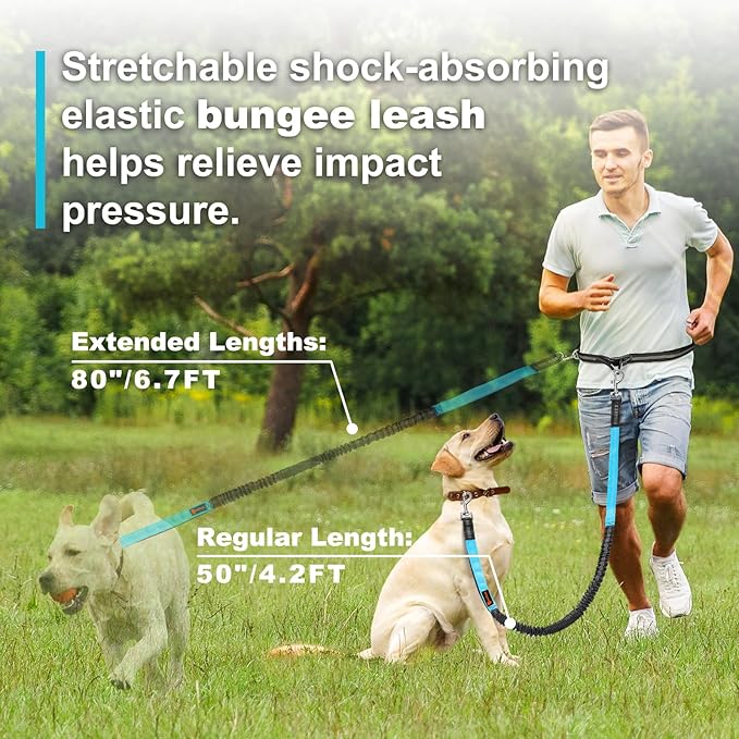 Hands Free Dog Leash, Adjustable Waist Leash for Dog, Handle Bungee 4.2-6.7 Feet Long with Reflective Stitches for Walking Hiking Running, Fits 26"- 43" Waist, Black & Blue