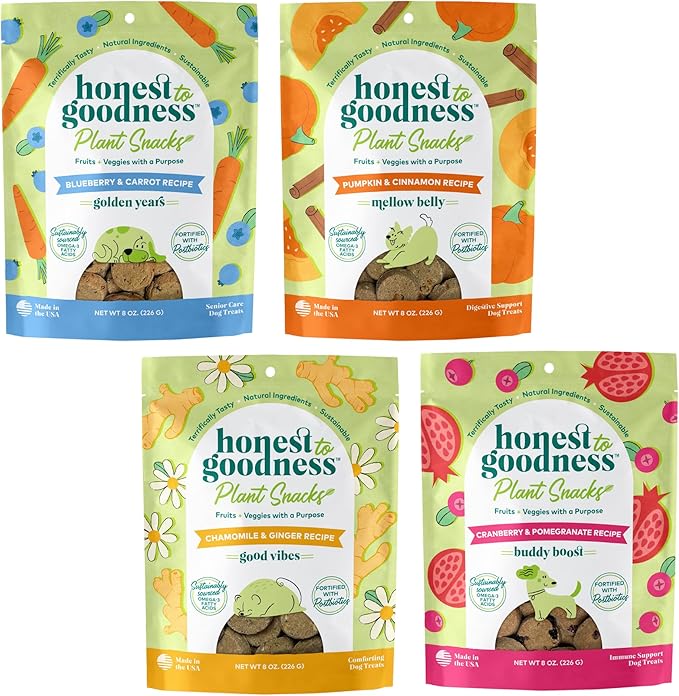 Honest to Goodness Plant Snacks Dog Treats, Dog Favorites Pack, 4 Flavors of 8oz Bags, Enriched with Omega 3s & Postbiotics