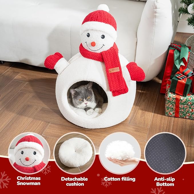 CATISM Christmas Cat Bed - Christmas Snowman Cat Bed for Indoor Cats, Cute Snowman Cat Beds with Warm Cushions Removable Cave with Non-Slip Cushioned Bottom for The Holidays
