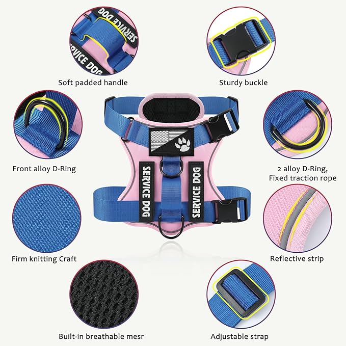 Demigreat Service Dog Harness, Reflective Dog Vest Harness with 5 PCS Patches, Adjustable Soft Oxford Pet Harness, Inner Layer Mesh, Easy to Control for Small Medium Large Dogs