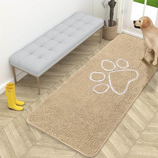 OLANLY Dog Door Mat for Muddy Paws 59x24, Paw Print Design, Absorbs Moisture and Dirt, Absorbent Non-Slip Washable Doormat, Quick Dry Chenille Mud Mat for Dogs, Entry Indoor Entryway Carpet, Beige