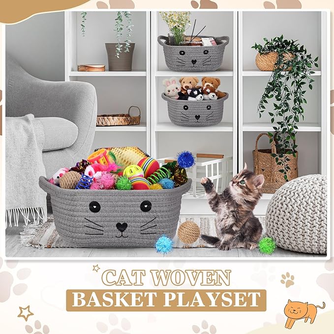 Zopeal 58 Pcs Cat Storage Basket Gift Toys Set, Colorful Flashing Balls Pet Bell Crinkle Balls Spring Toys Attract Cat to Swat, Bite, Hunt, Interactive for Pet(Grey,9.8 Inch)