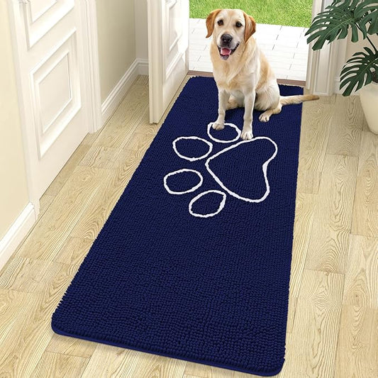 OLANLY Dog Door Mat for Muddy Paws 70x24, Paw Print Design, Absorbs Moisture and Dirt, Absorbent Non-Slip Washable Doormat, Quick Dry Chenille Mud Mat for Dogs, Entry Indoor Entryway Carpet, Navy Blue