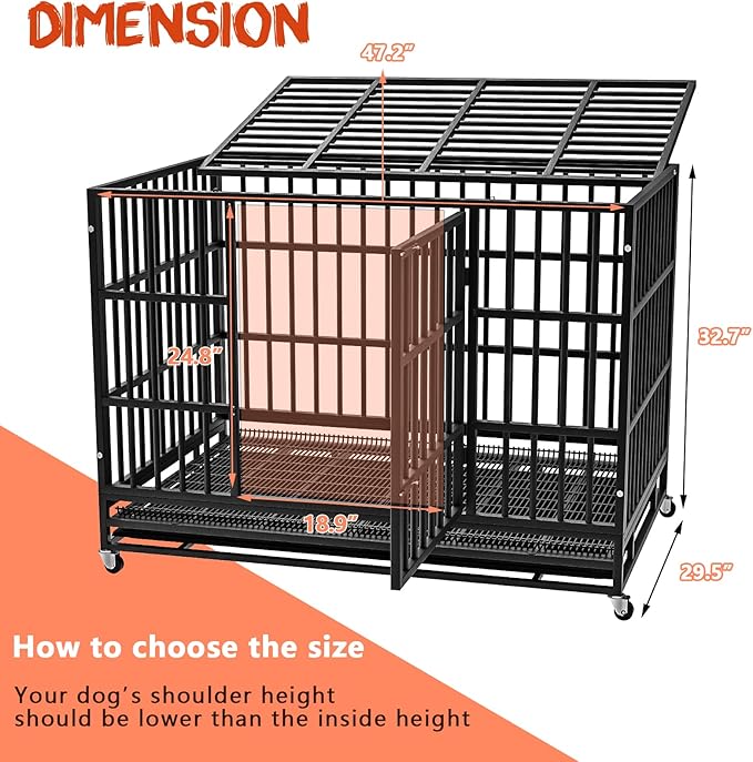 LEMBERI 48/38 inch Heavy Duty Indestructible Dog Crate, Escape Proof Dogs Cage Kennel with Lockable Wheels,High Anxiety Double Door Kennel,Extra Large Crate Indoor for Large Dog with Removable Tray