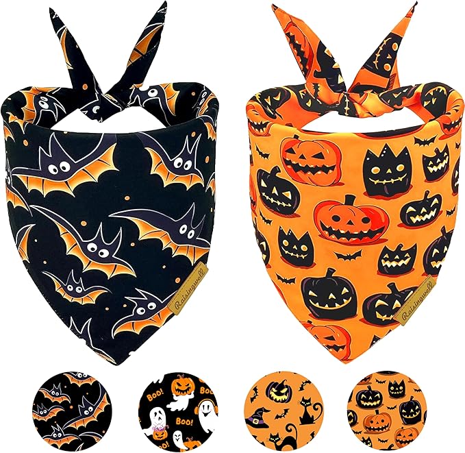 Halloween Dog Bandanas 2 Pack 4 Pattern Bat Pumpkin Pattern Bibs Reversible Washable Durable Fall Scarf for Small and Medium Breed Dogs, Suitable for Boy and Girl (Small)