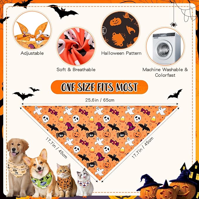 200 Pcs Halloween Dog Bandanas Bulk Fall Pet Scarves Autumn Adjustable Bibs for X-M-L Dogs Washable Holiday Puppy Kerchief for Groomers Shelters