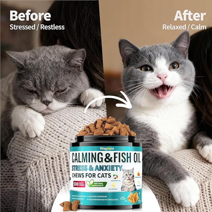 Wagmee Cat Calming Treats - 500 Tasty Cat Chews with Melatonin, Coconut Oil, Chamomile for Cat Stress and Anxiety Relief - Ideal for Travel, Storms and Indoor Care Krill Flavor 7.97 OZ