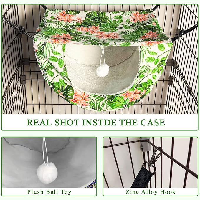 JSPYFITS Cat Cage Hammock with Ball,Double Layer Hanging Adjustable Soft Pet Bed Suit for Kitten Ferret Puppy Rabbit or Small Pet, 2 Level Indoor Bed for All Season(INS Green Leaves)