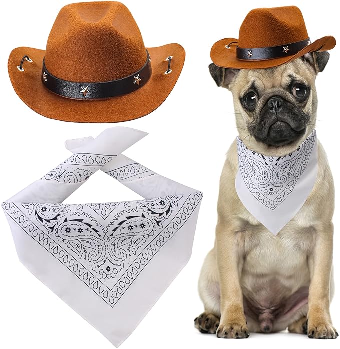 Yewong Pet Cowboy Costume Accessories - Dog Cat Pet Size Cowboy Hat and Bandana Scarf West Accessories for Puppy Kitten Party Festival and Daily Wearing Set of (Coffee Hat+White Bandana)