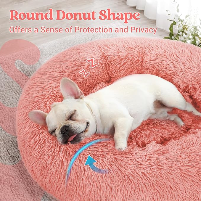 rabbitgoo Dog Bed for Small, 24 inches Machine Washable, Fluffy Donut Pet Bed Anti-Slip, Calming Soft Plush Round Cushion, Fits up to 18 lbs Pets, Pink