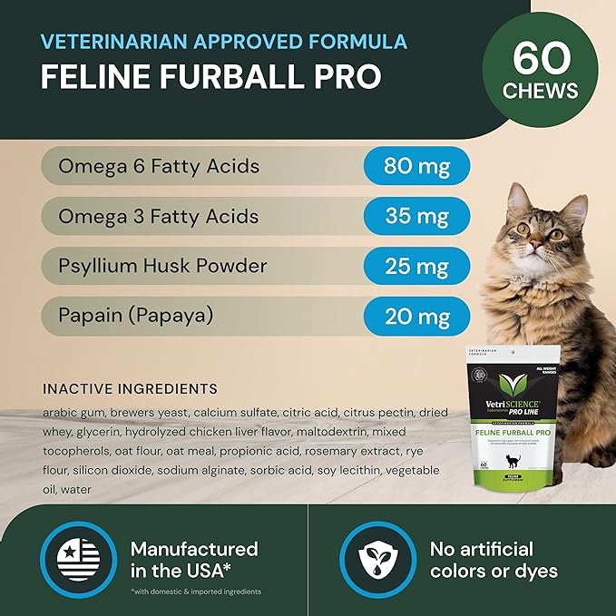 VETRISCIENCE Veterinary Strength Hairball Control for Cats - Cat Hairball & Digestion Support for Cats Skin & Coat Health Formula - Chicken Flavor - 60 Chews (Pack of 2)