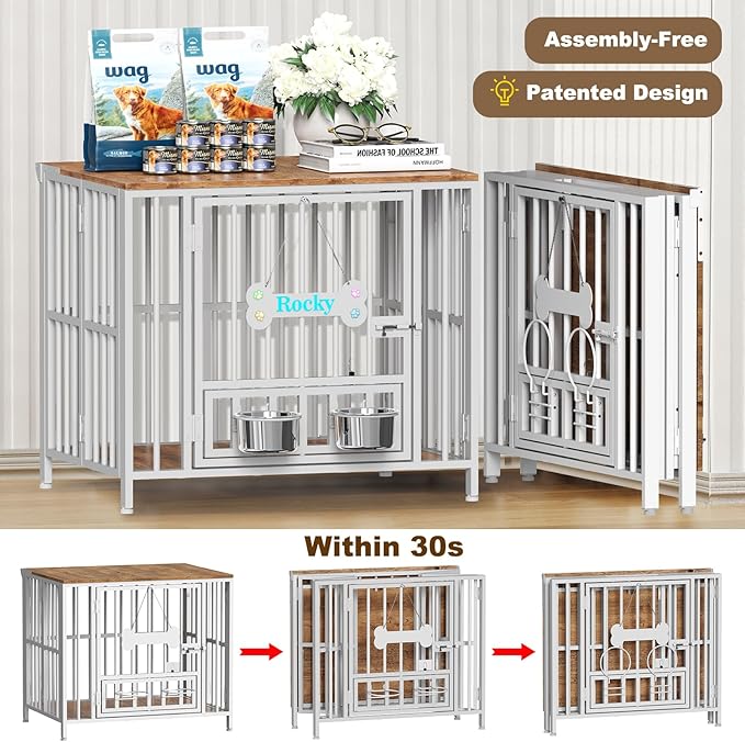 Easycom 27" Dog Crate Furniture Foldable, No Assembly Decorative Dog Kennel Indoor, Dog Crates for Small Dogs (Under 20 lb), Wooden Dog Cage with Bowls and Name Tag, End Table, White & Beech