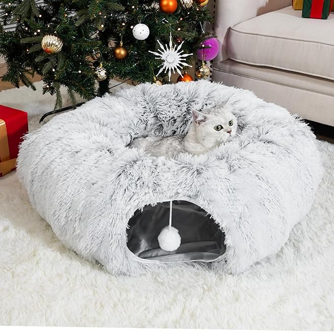 Cat Tunnel Bed for Indoor Cats, Under Christmas Tree Skirt, Donut Tunnel Toys for Multiple & Large Cats, Bed Cave Hideaway for Kitten, Rabbit, Puppy, Gray