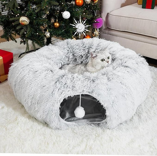 Cat Tunnel Bed for Indoor Cats, Donut Tunnel Toys for Multiple & Large Cats, Under Christmas Tree Skirt, Bed Cave Hideaway for Kitten, Rabbit, Puppy, Gray