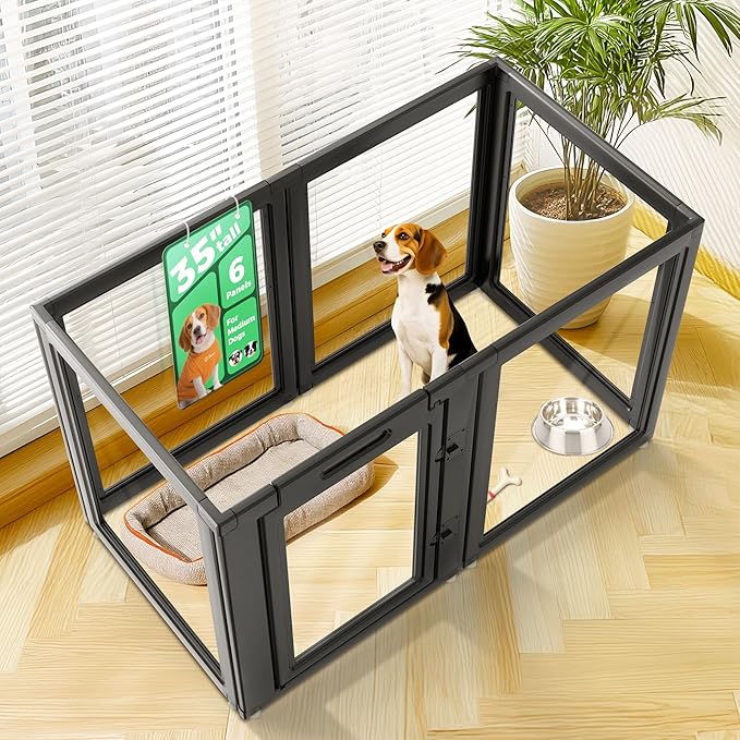 FXW AuraSpace Acrylic Indoor Dog Playpen for Medium Dogs, 35 Inch, 6 Panels, Black