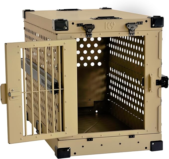 Heavy Duty Fully Collapsible Powder-Coated Aluminum Dog Crate - Medium-Long (Tan)