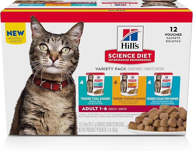 Hill's Science Diet Adult 1-6, Adult 1-6 Premium Nutrition, Wet Cat Food, Variety Pack: Tuna, Chicken, Ocean Fish Stew, 2.8 oz Pouch Variety Pack, Case of 12