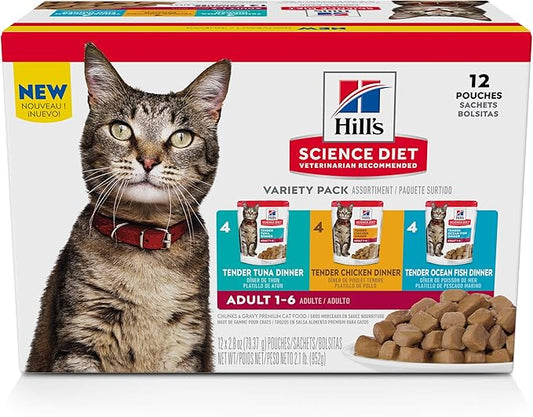 Hill's Science Diet Adult 1-6, Adult 1-6 Premium Nutrition, Wet Cat Food, Variety Pack: Tuna, Chicken, Ocean Fish Stew, 2.8 oz Pouch Variety Pack, Case of 12