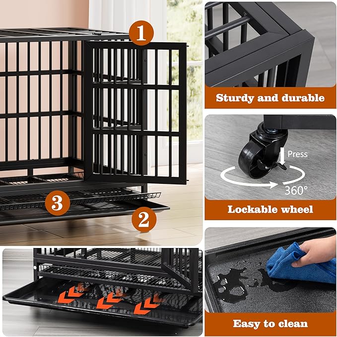 Vongrasig 48/38 "Heavy Duty Indestructible Dog Cages Double Door Escape Cage Kennel, Reinforced Metal Pet Cage, Oversized XL XXL Cage for Large Dogs with Removable Tray