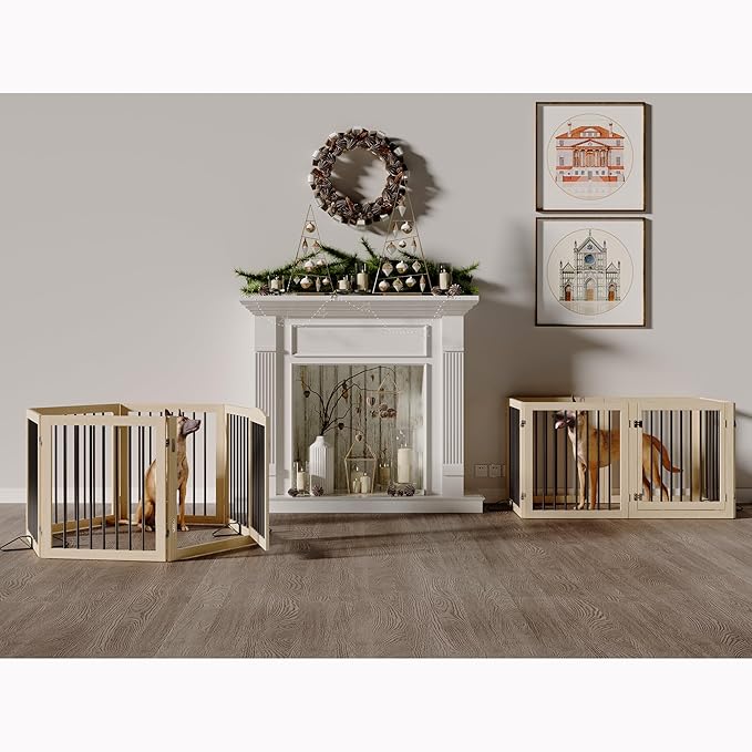 Vantas Folding Pet Gate 144" Wide, 30" Tall No-Assembly Wooden Dog Gate With Door Walk Through, Freestanding Puppy Safety Fence, 2PCS Support - Natural White