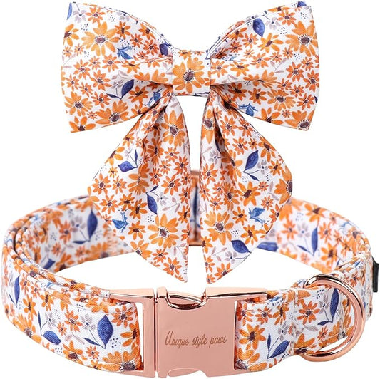 Unique Style Paws Autumn Leaf Collar with Bowtie Blue Leaf Flower Cotton Dog Collars for Small Medium Large Dogs