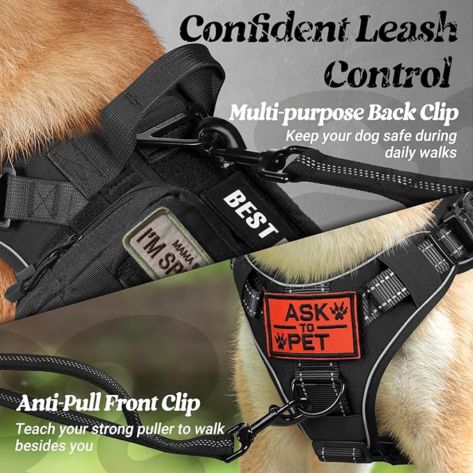 rabbitgoo Upgraded Tactical Dog Harness for Large Dogs, Reflective Heavy Duty Pet Harness with Handle, No-Pull Service Vest, Adjustable Military Vest for Training Hunting Walking, Black, XL