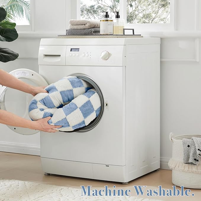 Checkered Cat Dog Bed, Cute Blue Retro Style Aesthetic Round Warming Pet Calming Beds for Small Dog and Cats, Plush Cozy Donut Beds Washable, 23" L x 23" W x 8" Th