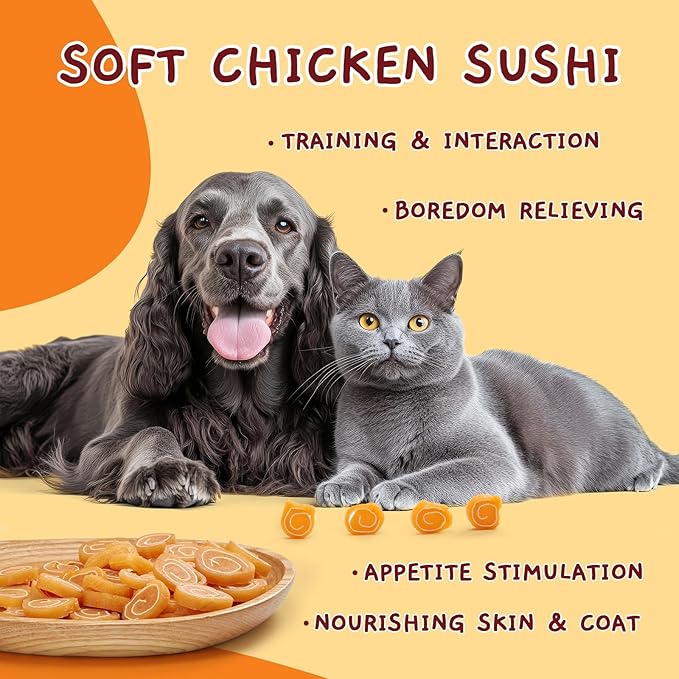 Jungle Calling Soft Chicken & Codfish Cat & Dog Treats, High Protein Pet Snacks for Small & Medium Dogs & Cats, Chewy Chicken Sushi Dog Training Treats, 10.6 oz