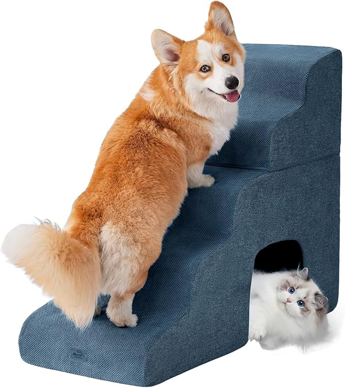 Navy Blue Curved Dog Stairs Ramp for High Beds 28.7" H, 5-Step Dog Steps for Small Dogs and Cats, Pet Stairs for High Bed Climbing, Non-Slip Balanced Pet Step