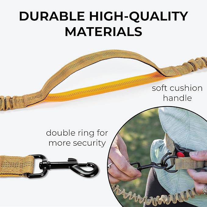 Squirrel Products Hands Free Dog Leash with Hip Belt/Crossbody Strap, Zipper Pouch, and Shock Absorbing Bungee for Walking or Jogging with pet (Tan, Orange)