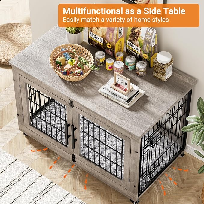 Lulive Large Dog Crate Furniture, 38'' Wooden Dog Crate End Table, Double Door Dog Kennel Indoor with Cushion & Wheels, Decorative Dog Cage House Chew-Resistant for Large/Medium, Grey