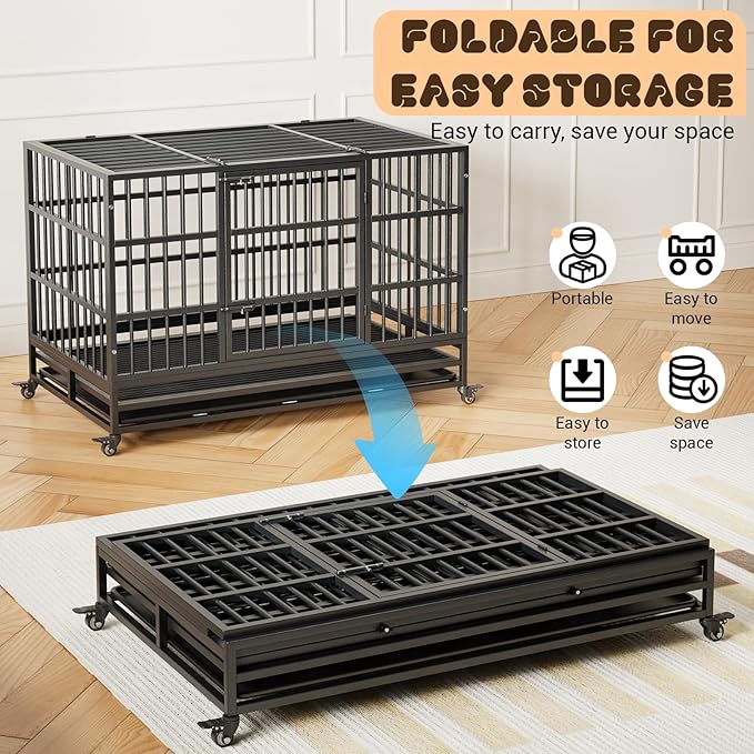 48 in Heavy Duty Dog Crate, Foldable Indoor Dog Cage with Double Door, 360° Lockable Wheels and Removable Tray, Easy to Clean and Assembly，for Small Medium Large Dogs