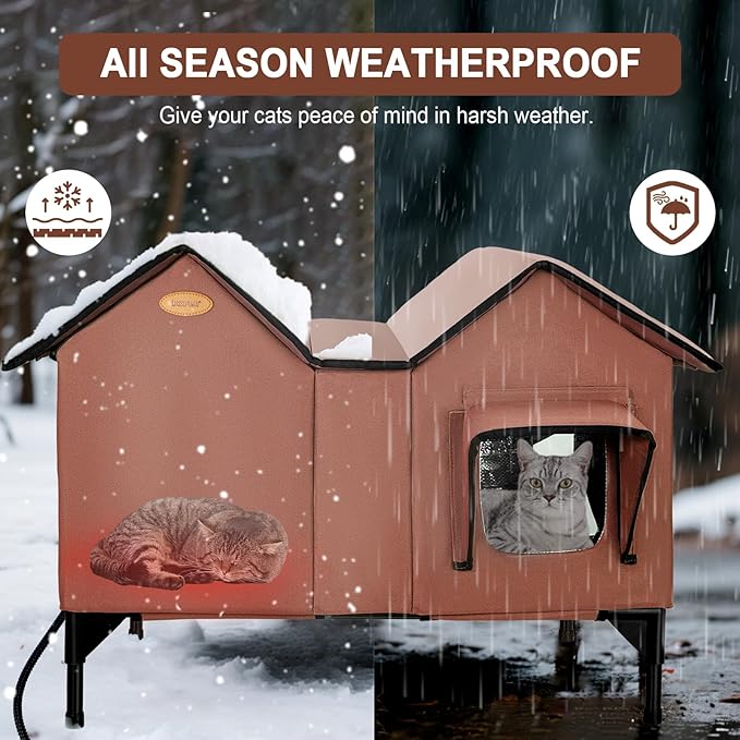Heated Outdoor Cat House Weatherproof for Winter - Extra Large Heated Cat House for Outside, Elevated Bed, Escape Door, Fully Insulated Feral Cat Shelter for Multiple Cats Small Dogs, Easy Assembly