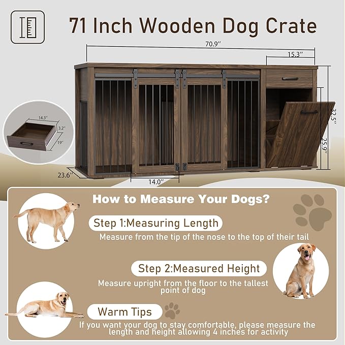 Large Dog Crate Furniture Large Breed,71 Inch Wooden Dog Crate with Tilt Out Trash Cabinet,Drawers,Divider and Sliding Barn Door, Double Doors Dogs Crate for 2 Dogs (Brown)