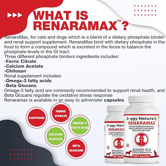 RENARAMAX Dietary Phosphate Binder and Renal Support Supplement for Cats & Dogs, 60 Count (Made in U.S.A)