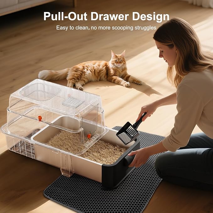 FURTIME Stainless Steel Litter Box with Lid, XL Extra Large Cat Litter Box for Big Cats, Enclosed Drawer Metal Litter Boxs with High Sided Enclosure & Mat, Front & Top Entry, Odor Free, Anti-Leakage