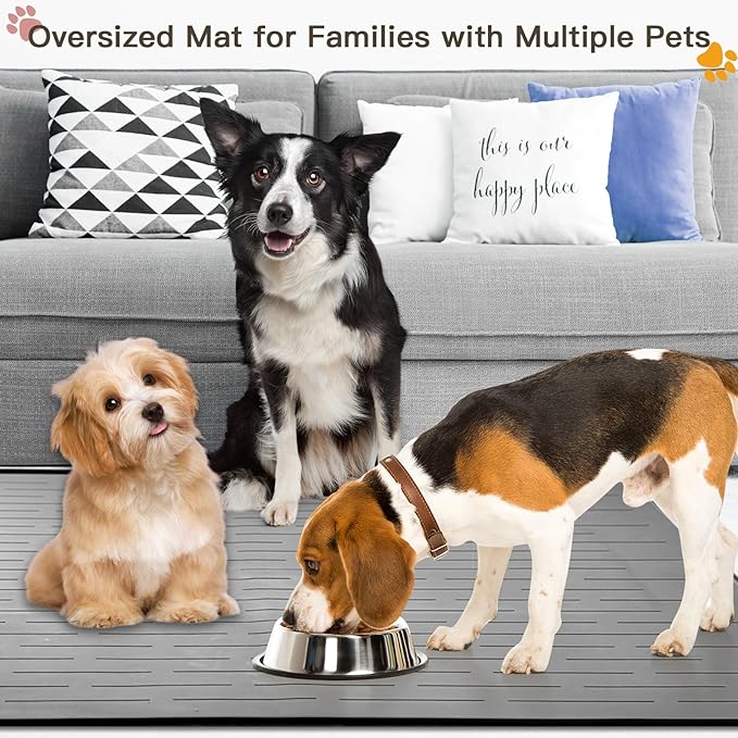 Largest Dog Food Mat, 39.5"x29.5" Silicone Dog and Cat Mat for Food and Water Bowls, Thinken Waterproof Non-Slip XXXL Pet Feeding Mat for Floors (Grayish Green)