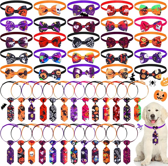 Eccliy 50 Pcs Halloween Dog Bow Ties Halloween Dog Collars Adjustable Puppy Hair Bows Neckties Set Pumpkin Ghost Pet Bow Ties Collar for Puppy Small Medium Large Pets