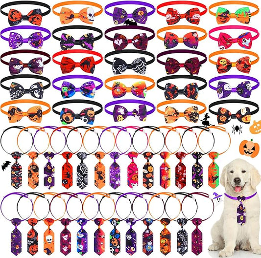 Eccliy 50 Pcs Halloween Dog Bow Ties Halloween Dog Collars Adjustable Puppy Hair Bows Neckties Set Pumpkin Ghost Pet Bow Ties Collar for Puppy Small Medium Large Pets