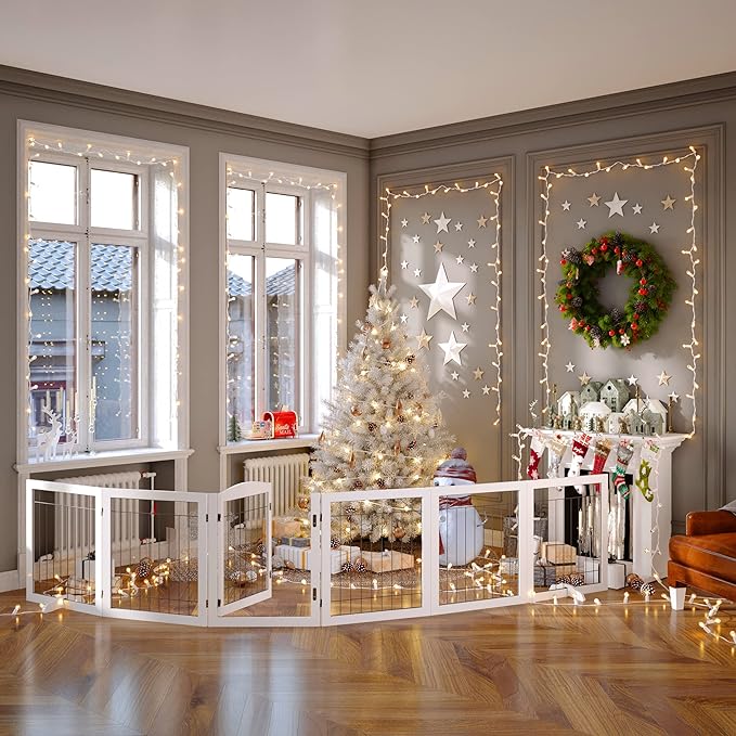 Vantas Folding Pet Gate 144" Wide, 30" Tall No-Assembly Wooden Dog Gate with Door Walk Through, Freestanding Wire Pet Gate, Pet Puppy Safety Fence, with 2PCS Support - White