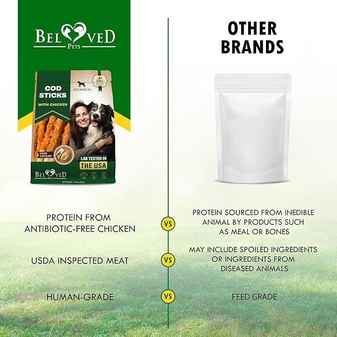 Beloved Pets Dog Treats Rawhide - Free Cod Sticks Chicken Wrapped 11 oz - All Natural & Grain Free Long Lasting Chews for Large & Small Dogs - Dried Pet Snacks - Support Healthy Teeth & Skin Coat