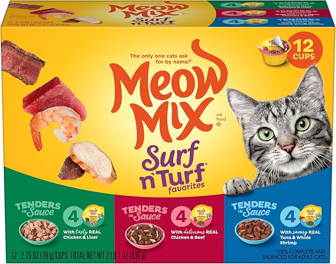 Meow Mix Tenders in Sauce Wet Cat Food, Surf 'N Turf Variety Pack, 2.75 Ounce Cup (Pack of 48)