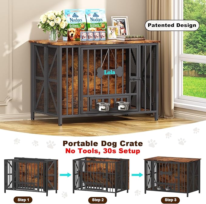 Easycom Foldable Large Dog Crate Furniture, 41.3" Assembly-Free Dog Crates for Large Dogs, Wooden Dog Kennel Indoor with Tag & Dog Bowls, Dog Cage Use as TV Stand, Rustic Brown