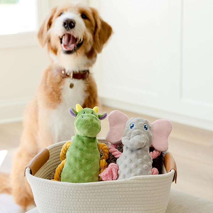 Squeaky Dog Stuffed Animals Chew Toy, Crinkle Paper Tug of War Rope Plush Dog Toy, Soft Tough Squeaker Dog Entertainment Toys for Home Alone, Fun Boredom Busters for Dogs - Dragon