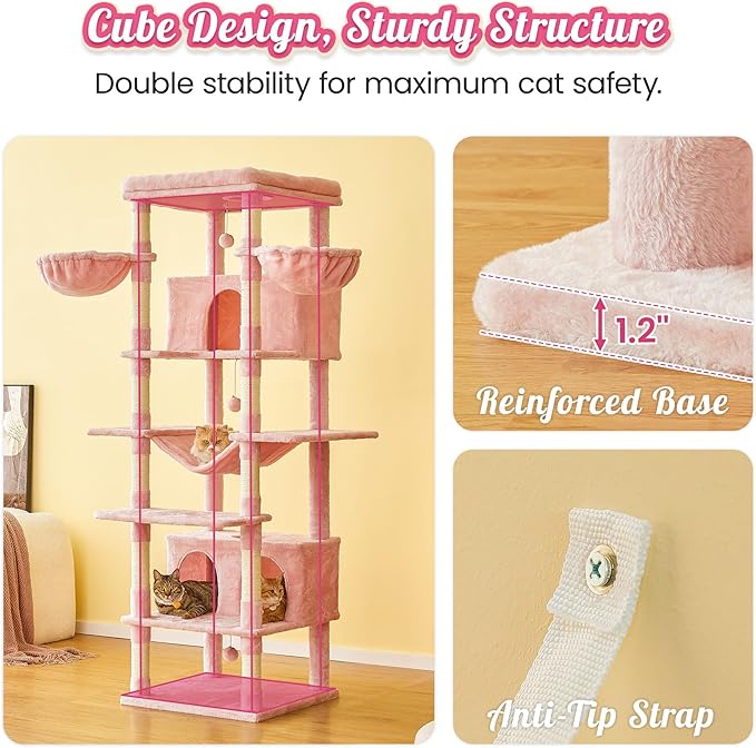 MWPO Pink Extra Large Cat Tree, 77.6-Inch Tall Cat Tower for Indoor Cats with 2 Condos, Multi-Level Cat Stand for Large Cats, 3 Hammocks, Wide Perch, Scratching Posts, Dangling Toys