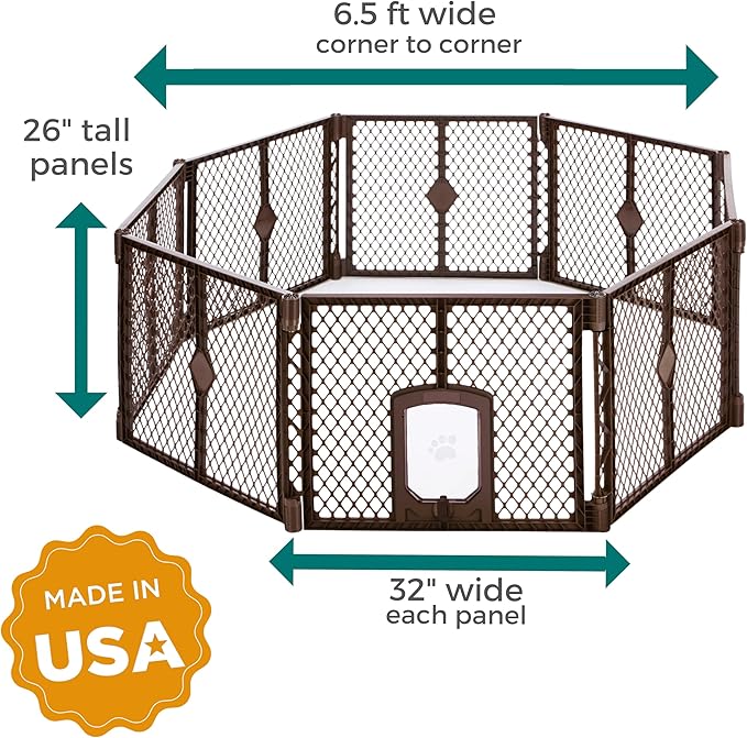 MyPet 8-Panel Petyard Passage: 6.5 ft. Wide 26 in. Tall Brown Freestanding Customizable Folding Pet Enclosure with Lockable Pet Door; Indoor/Outdoor Puppy Playpen Made in USA