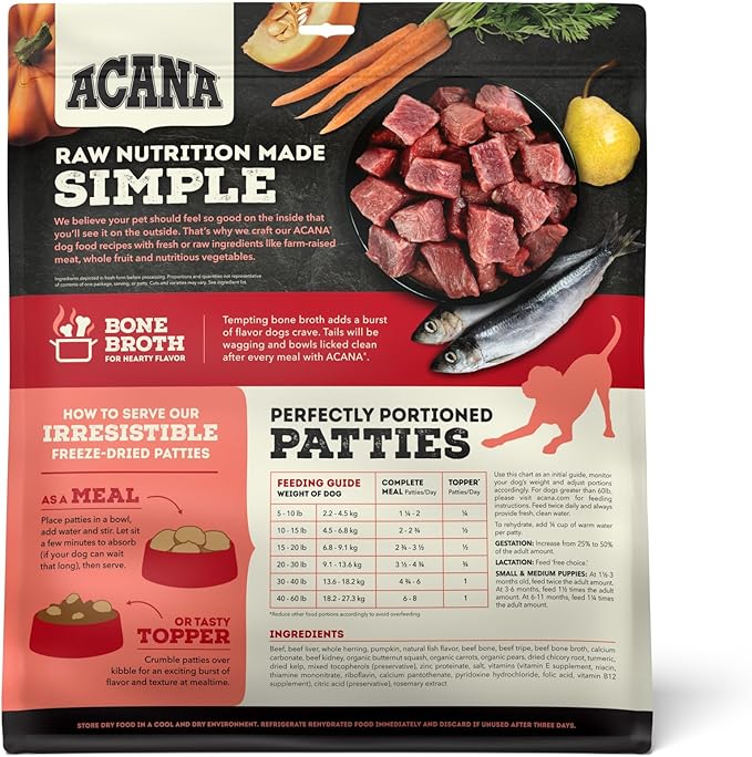 ACANA Grain-Free High Protein Freeze Dried Dog Food & Topper Ranch-Raised Beef Recipe Patties 14oz Bag