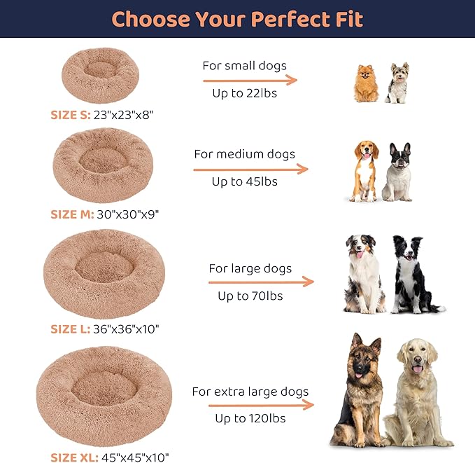 Donut Dog Bed - Premium Comfort for Anxiety Relief - Fluffy & Calming Design with Ultra-Plush Support | Cozy Round Dog Bed with Super Soft Circle Style (Size S Camel)