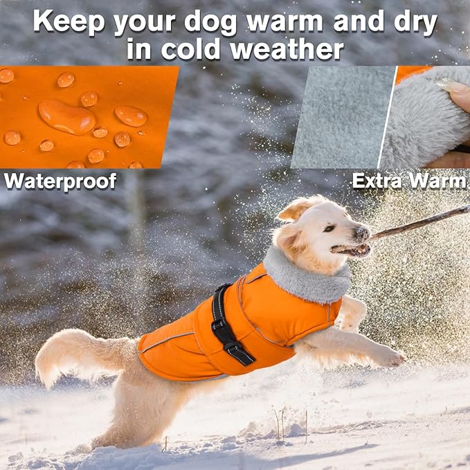 Lelepet Warm Dog Coat Reflective Fleece Vest Waterproof Dog Jacket with Adjustable Buckle Hook & Loop Windproof Cold Weather Coats for Small Medium Large Dogs, Orange, M