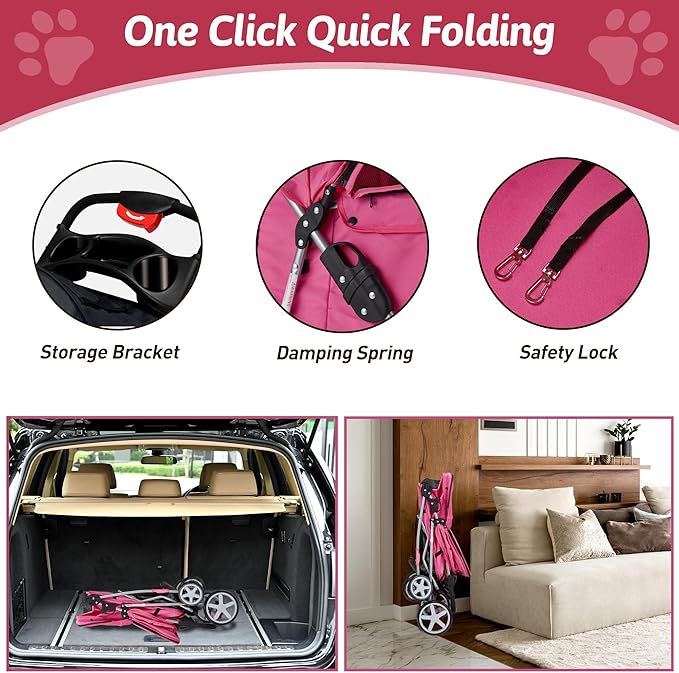 Pet Stroller, 4 Wheels Pet Strolling Cart for Medium/Small Dogs and Cats, Foldable Cat Jogger/Dog Stroller with Cup Holder, Storage Basket, Breathable Mesh, All-Season Pet Carrier, Pink